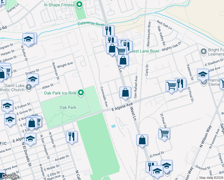 map of restaurants, bars, coffee shops, grocery stores, and more near 3520 San Mateo Avenue in Stockton