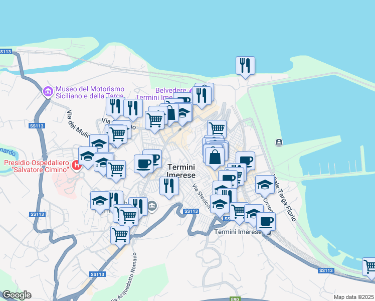 map of restaurants, bars, coffee shops, grocery stores, and more near Via Giovanni Castro in Termini Imerese