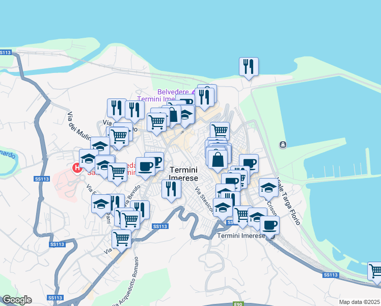 map of restaurants, bars, coffee shops, grocery stores, and more near Via Giovanni Castro in Termini Imerese