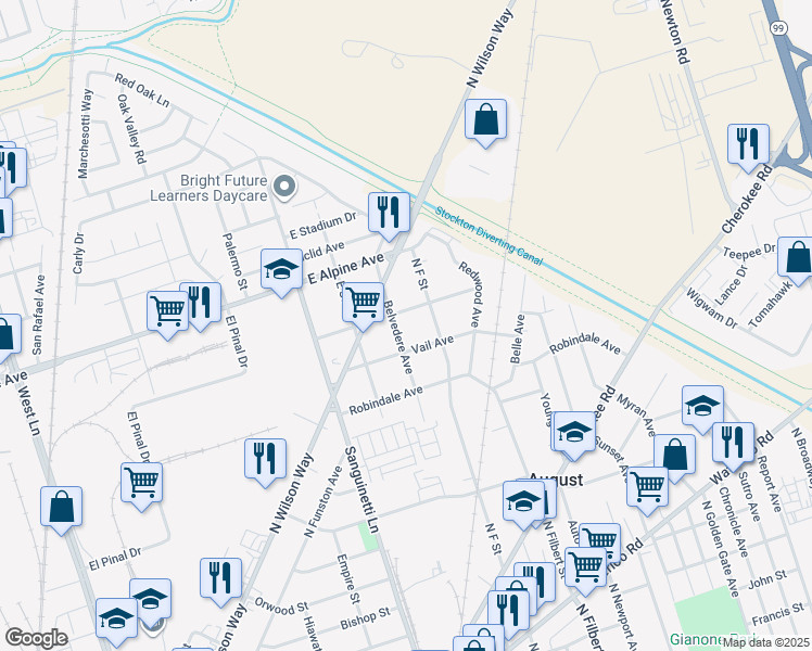 map of restaurants, bars, coffee shops, grocery stores, and more near 3112 Belvedere Avenue in Stockton