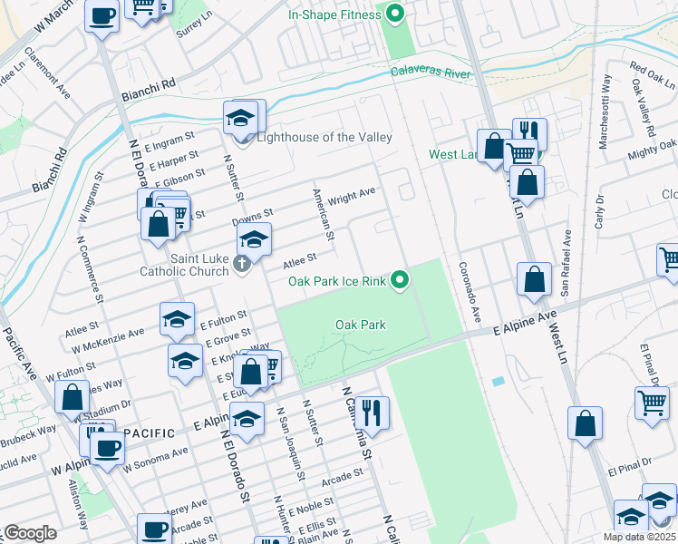 map of restaurants, bars, coffee shops, grocery stores, and more near 3805 North Stanislaus Street in Stockton