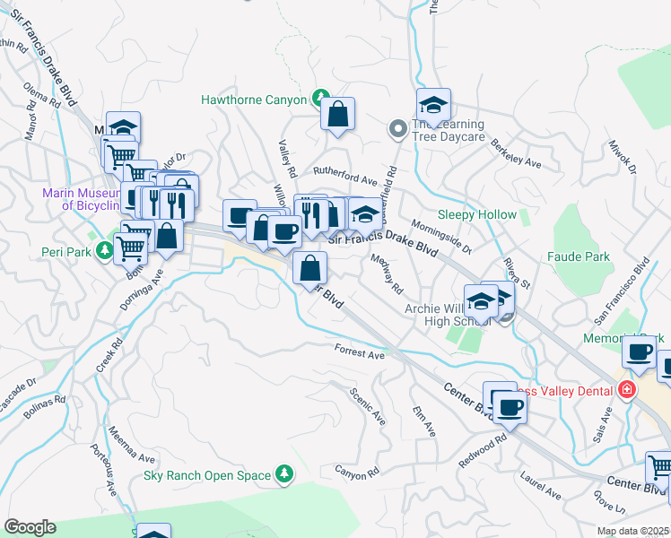 map of restaurants, bars, coffee shops, grocery stores, and more near 33 Hill Avenue in Fairfax