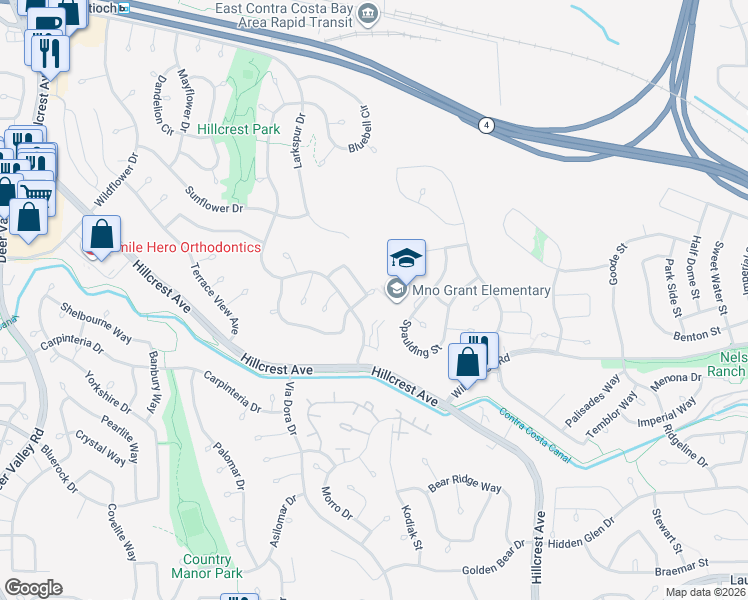 map of restaurants, bars, coffee shops, grocery stores, and more near 3625 Leafwood Circle in Antioch