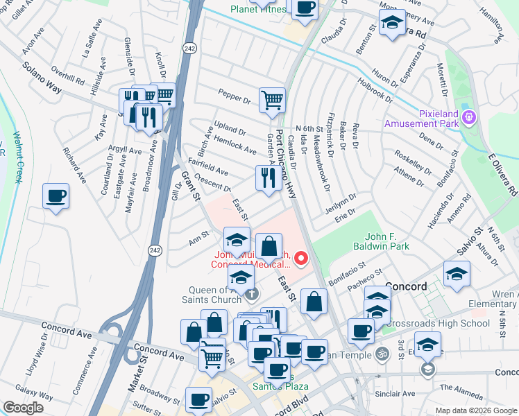 map of restaurants, bars, coffee shops, grocery stores, and more near 2430 Maple Avenue in Concord