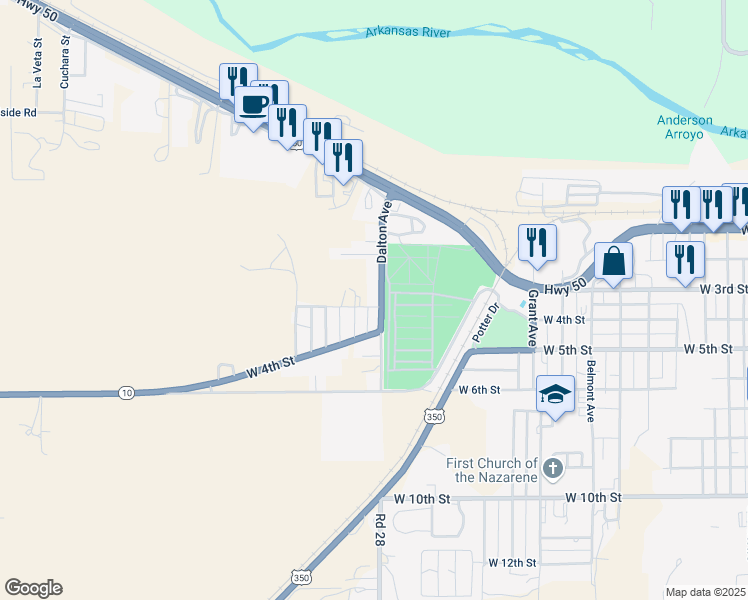 map of restaurants, bars, coffee shops, grocery stores, and more near 137-199 Dalton Avenue in La Junta