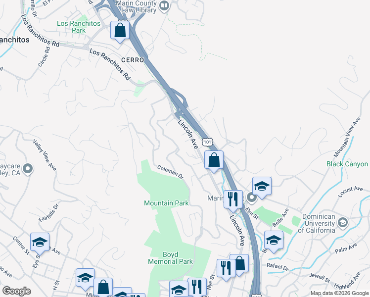 map of restaurants, bars, coffee shops, grocery stores, and more near 318 Prospect Drive in San Rafael