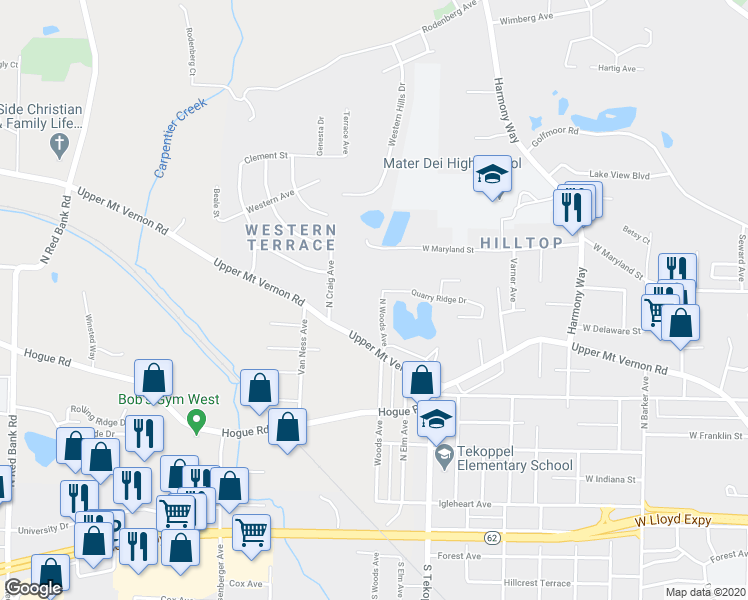 map of restaurants, bars, coffee shops, grocery stores, and more near 718 North Woods Avenue in Evansville