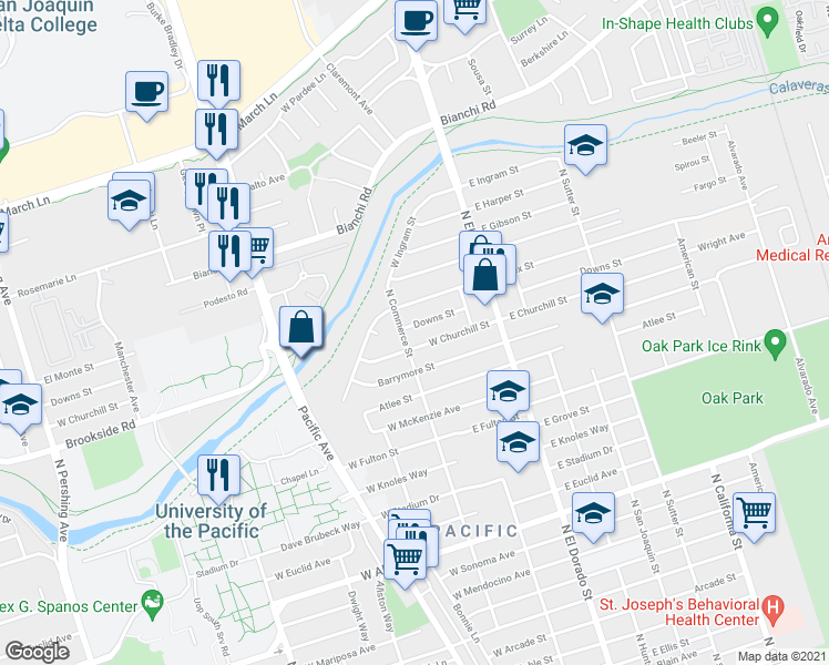 map of restaurants, bars, coffee shops, grocery stores, and more near 86 West Downs Street in Stockton
