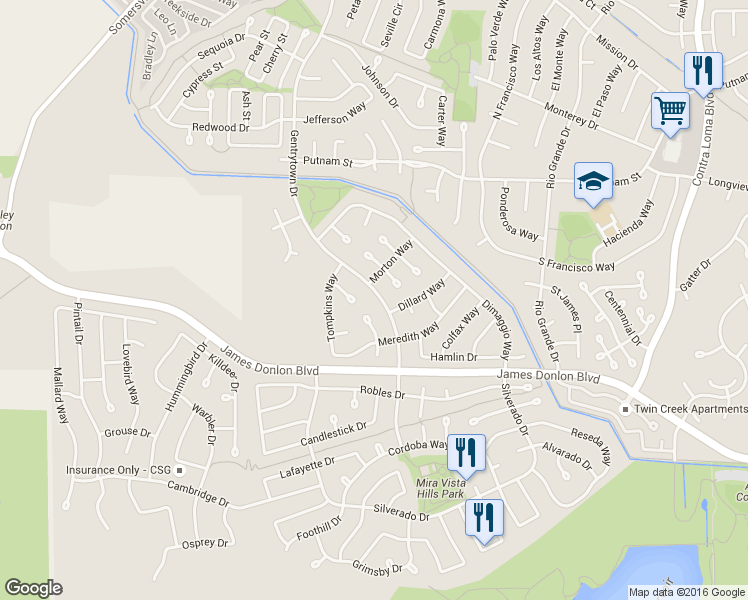 map of restaurants, bars, coffee shops, grocery stores, and more near 3508 Gentrytown Drive in Antioch
