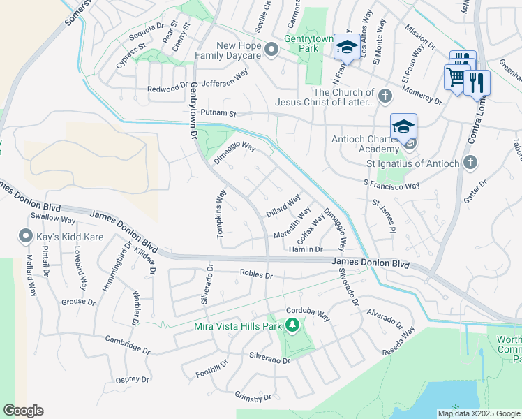 map of restaurants, bars, coffee shops, grocery stores, and more near 3517 Gentrytown Drive in Antioch