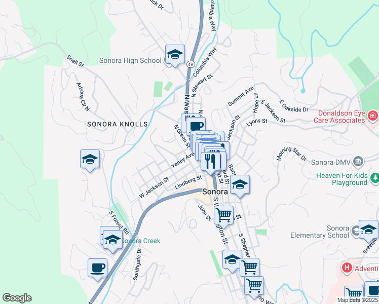 map of restaurants, bars, coffee shops, grocery stores, and more near 48 Yaney Avenue in Sonora
