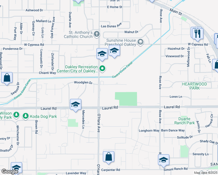 map of restaurants, bars, coffee shops, grocery stores, and more near 951 O'Hara Court in Oakley