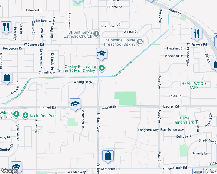 map of restaurants, bars, coffee shops, grocery stores, and more near 951 O'Hara Court in Oakley