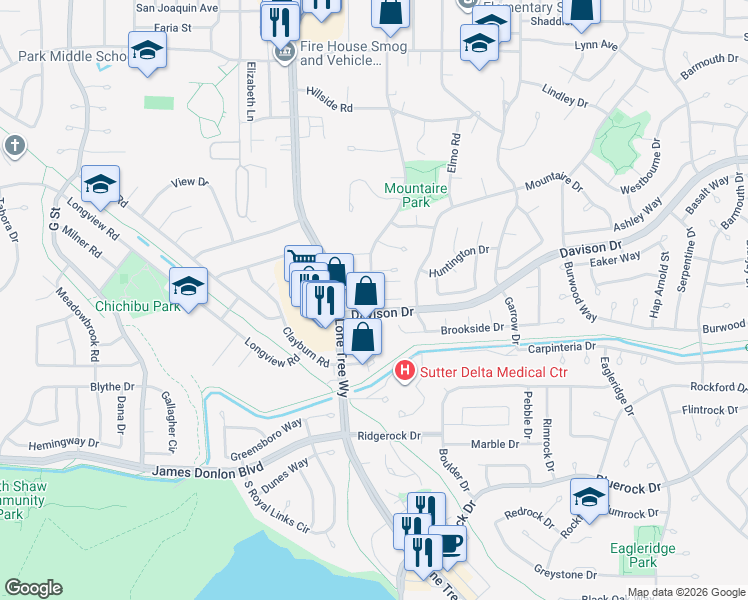 map of restaurants, bars, coffee shops, grocery stores, and more near 3305 Sunset Lane in Antioch