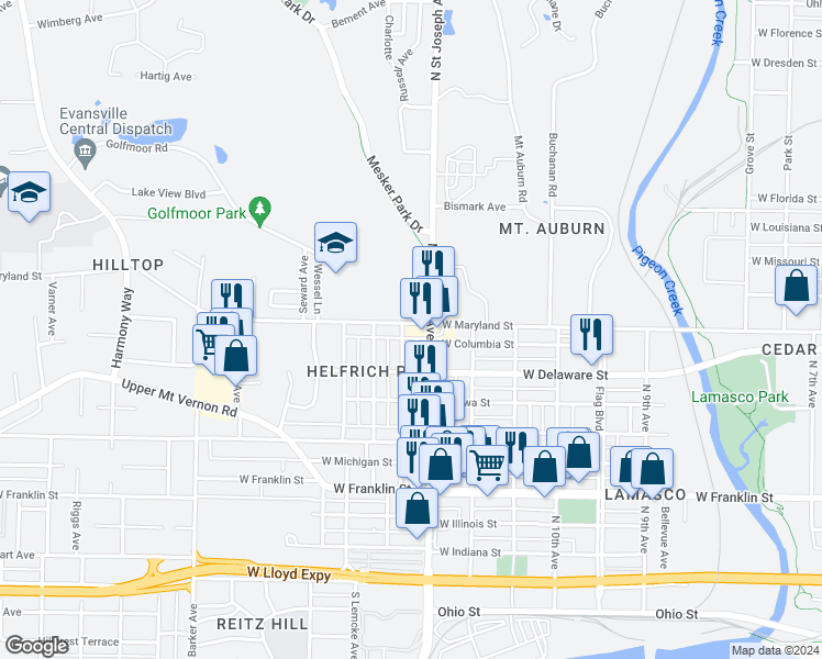 map of restaurants, bars, coffee shops, grocery stores, and more near 2412 West Maryland Street in Evansville