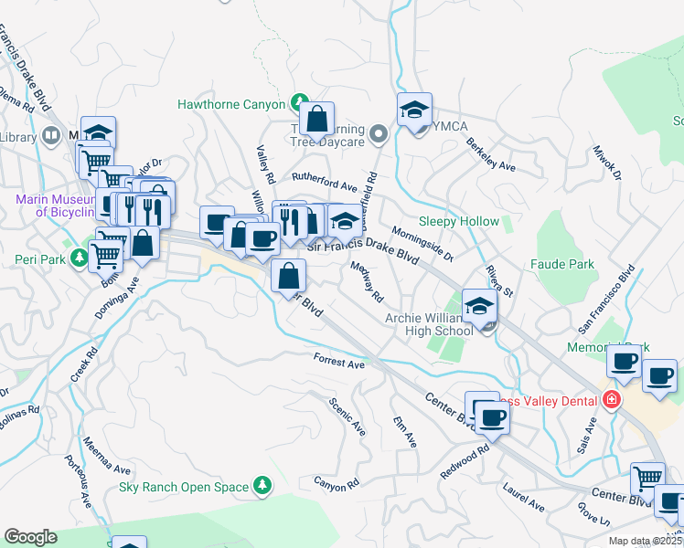 map of restaurants, bars, coffee shops, grocery stores, and more near 90 Medway Road in San Anselmo