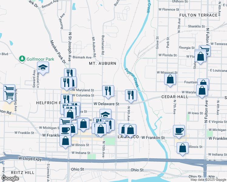 map of restaurants, bars, coffee shops, grocery stores, and more near 1901 West Maryland Street in Evansville