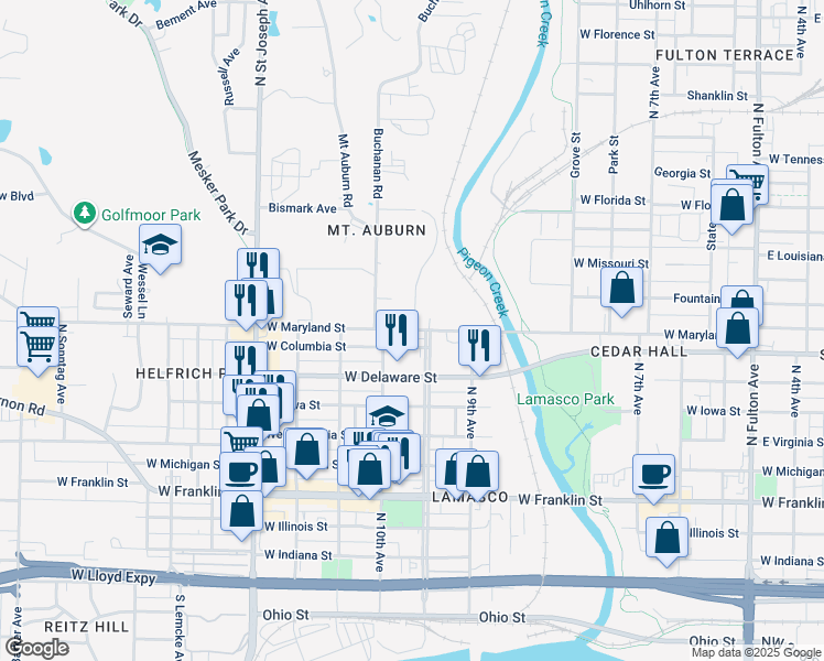 map of restaurants, bars, coffee shops, grocery stores, and more near 1901 West Maryland Street in Evansville