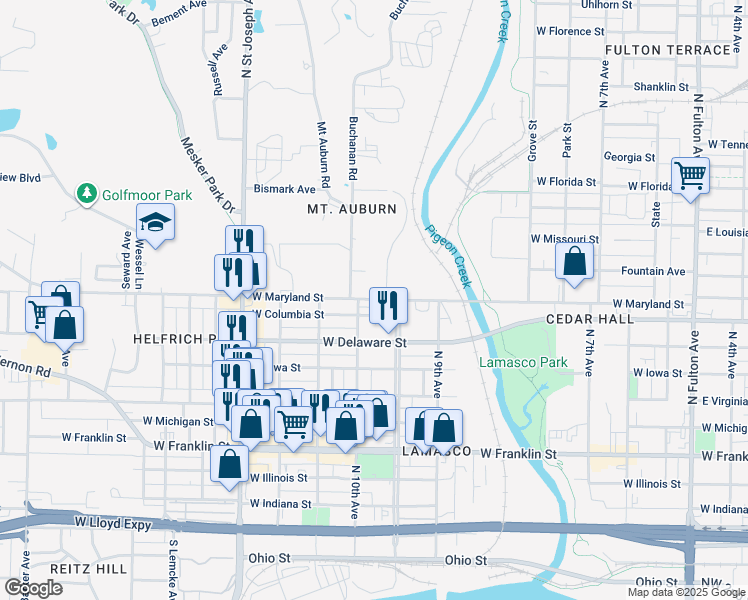 map of restaurants, bars, coffee shops, grocery stores, and more near 2015 West Maryland Street in Evansville