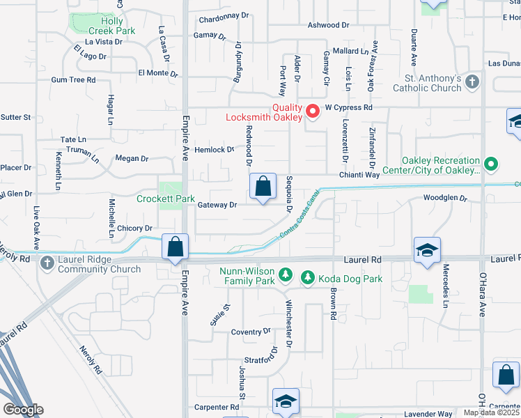 map of restaurants, bars, coffee shops, grocery stores, and more near 1741 Gateway Drive in Oakley