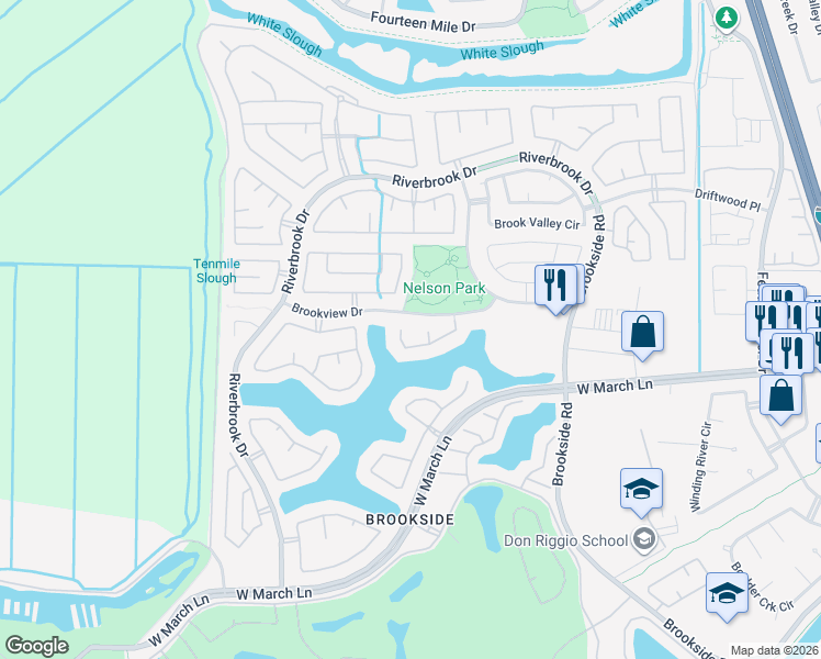 map of restaurants, bars, coffee shops, grocery stores, and more near 3643 Longcove Court in Stockton