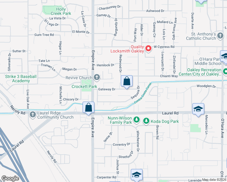 map of restaurants, bars, coffee shops, grocery stores, and more near 1820 Gateway Drive in Oakley