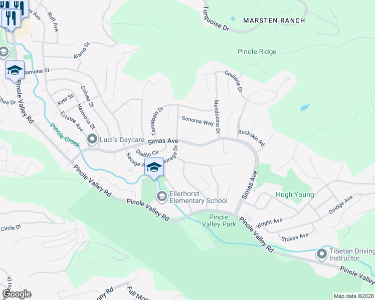 map of restaurants, bars, coffee shops, grocery stores, and more near 2616 Simas Avenue in Pinole