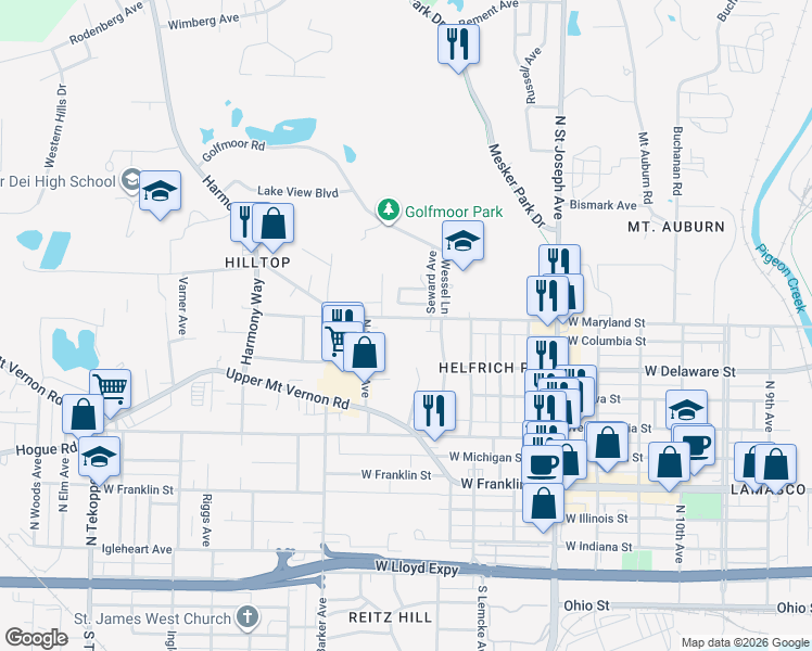 map of restaurants, bars, coffee shops, grocery stores, and more near 2669 West Maryland Street in Evansville