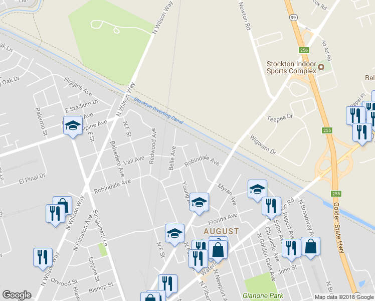 map of restaurants, bars, coffee shops, grocery stores, and more near 2842 McComb Avenue in Stockton