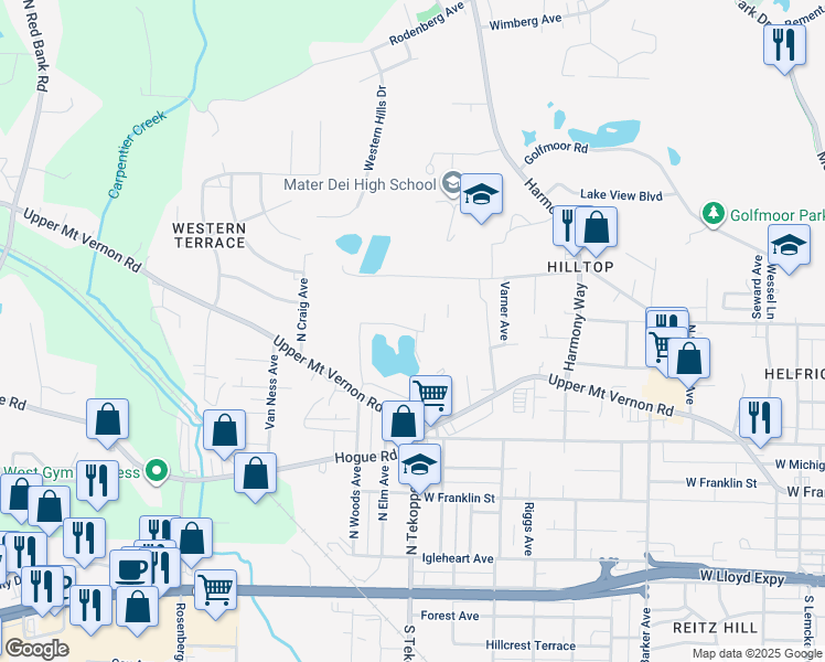 map of restaurants, bars, coffee shops, grocery stores, and more near 3523 Quarry Ridge Drive in Evansville