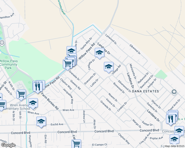 map of restaurants, bars, coffee shops, grocery stores, and more near 3655 Granzotto Drive in Concord