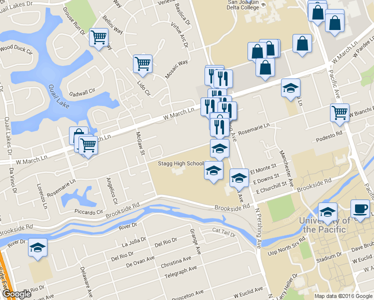 map of restaurants, bars, coffee shops, grocery stores, and more near 1563 Rosemarie Lane in Stockton