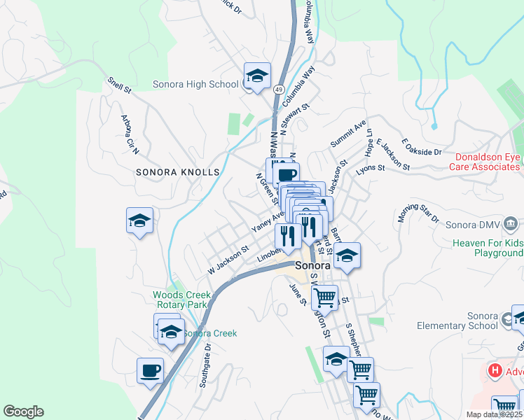 map of restaurants, bars, coffee shops, grocery stores, and more near 72 North Norlin Street in Sonora