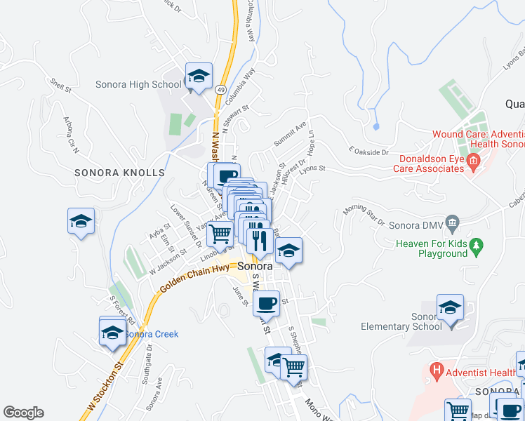 map of restaurants, bars, coffee shops, grocery stores, and more near 100-134 Hillcrest Drive in Sonora