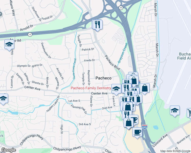map of restaurants, bars, coffee shops, grocery stores, and more near 962 Argenta Drive in Pacheco
