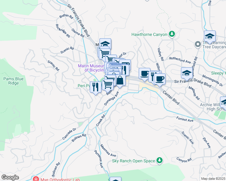 map of restaurants, bars, coffee shops, grocery stores, and more near 51 Bolinas Road in Fairfax