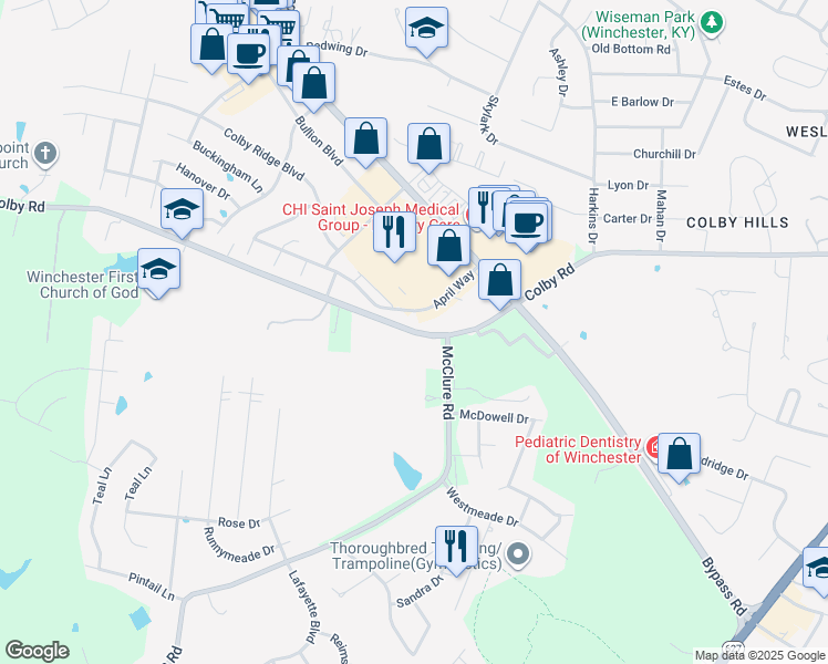 map of restaurants, bars, coffee shops, grocery stores, and more near Colby Road in Winchester