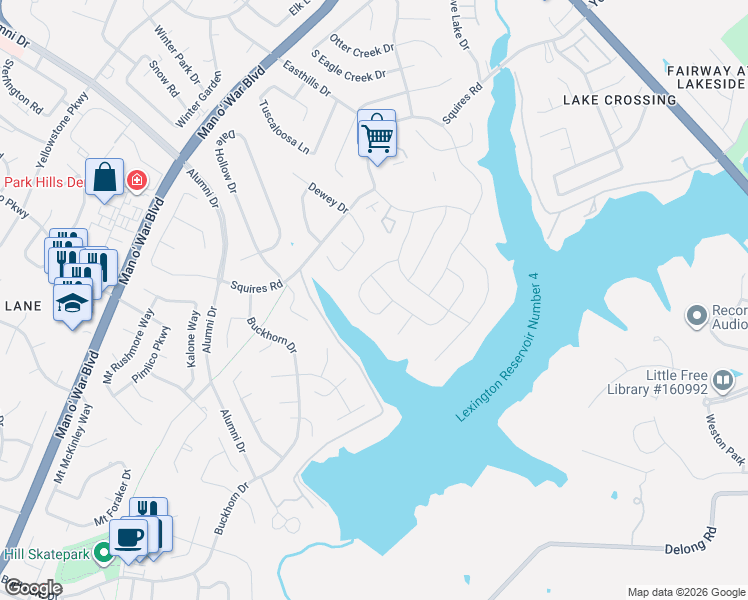 map of restaurants, bars, coffee shops, grocery stores, and more near 3256 Hunters Point Drive in Lexington