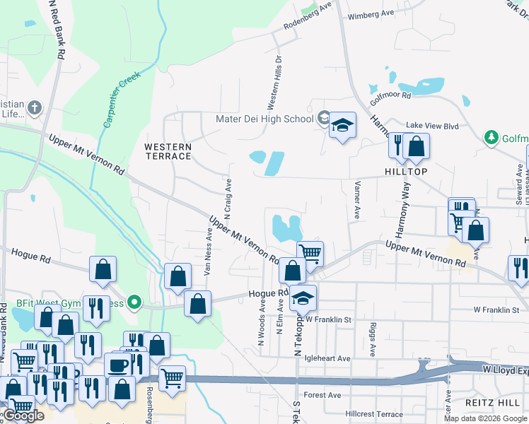 map of restaurants, bars, coffee shops, grocery stores, and more near 717 North Woods Avenue in Evansville