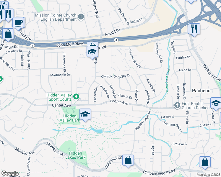 map of restaurants, bars, coffee shops, grocery stores, and more near 2006 Rainier Drive in Martinez