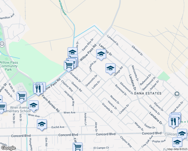 map of restaurants, bars, coffee shops, grocery stores, and more near 3655 Granzotto Drive in Concord
