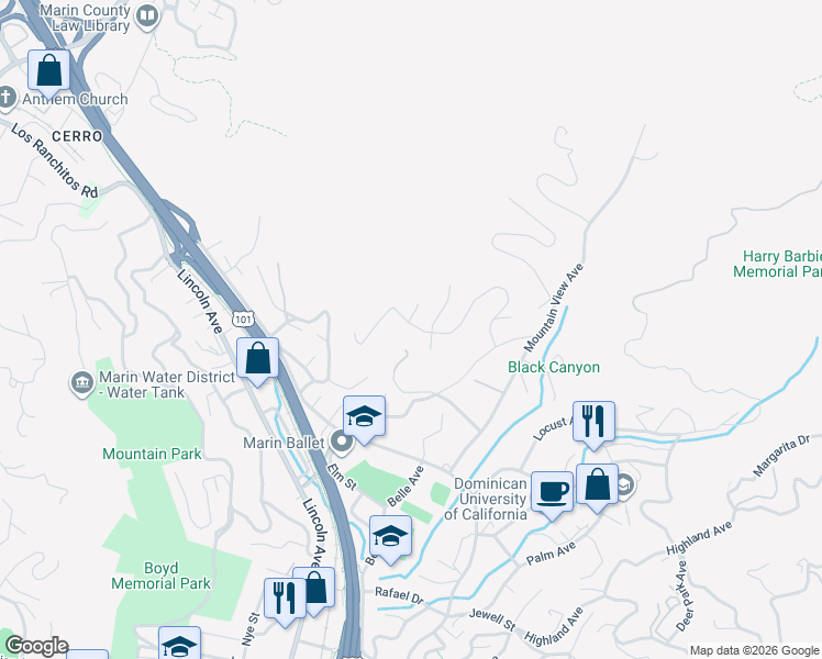 map of restaurants, bars, coffee shops, grocery stores, and more near 120 Dominican Drive in San Rafael
