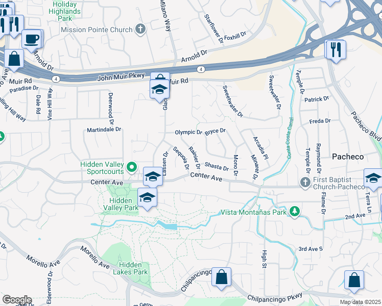 map of restaurants, bars, coffee shops, grocery stores, and more near 2006 Rainier Drive in Martinez
