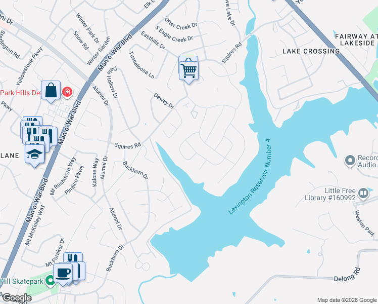 map of restaurants, bars, coffee shops, grocery stores, and more near 3256 Hunters Point Drive in Lexington