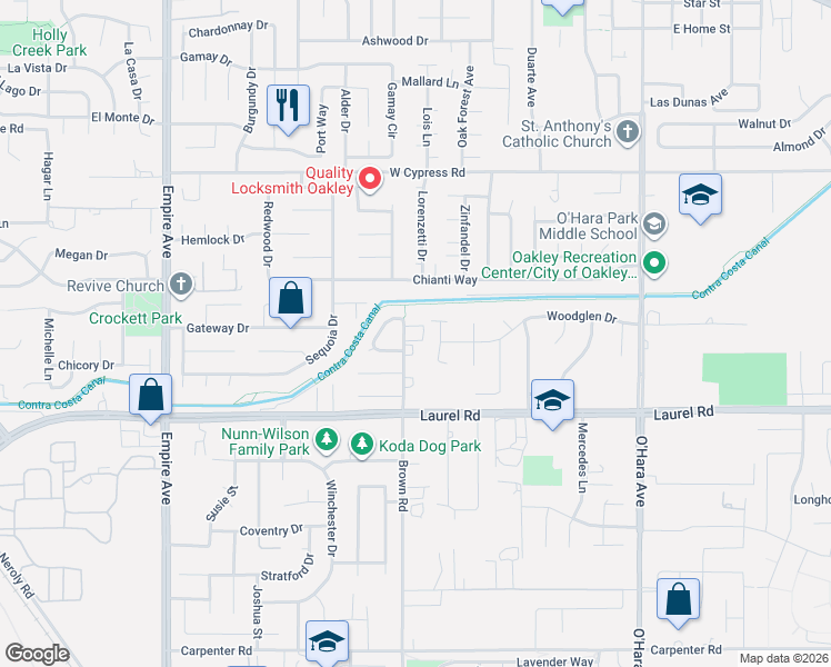map of restaurants, bars, coffee shops, grocery stores, and more near 4190 Brown Road in Oakley