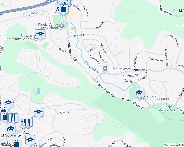 map of restaurants, bars, coffee shops, grocery stores, and more near 2309 Potrero Court in Pinole