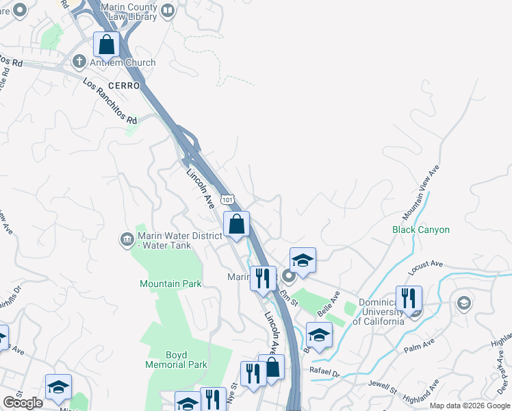 map of restaurants, bars, coffee shops, grocery stores, and more near 114 Myrtle Avenue in San Rafael