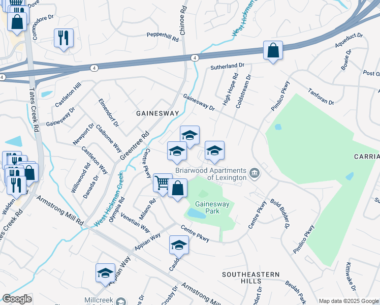 map of restaurants, bars, coffee shops, grocery stores, and more near 1105 Centre Parkway in Lexington