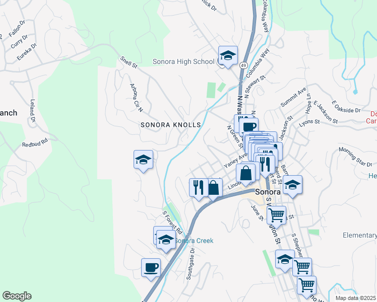 map of restaurants, bars, coffee shops, grocery stores, and more near 299 West Bonanza Road in Sonora