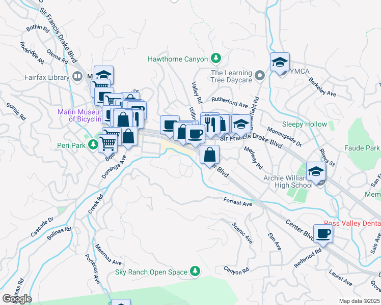 map of restaurants, bars, coffee shops, grocery stores, and more near in Fairfax